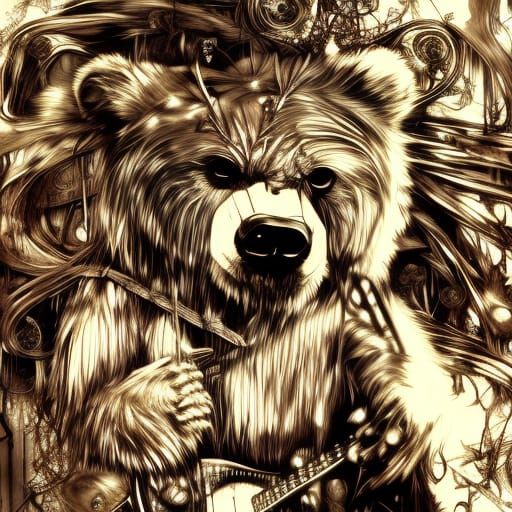 Electric Bear Guitar in Ornate Sepia Illustration