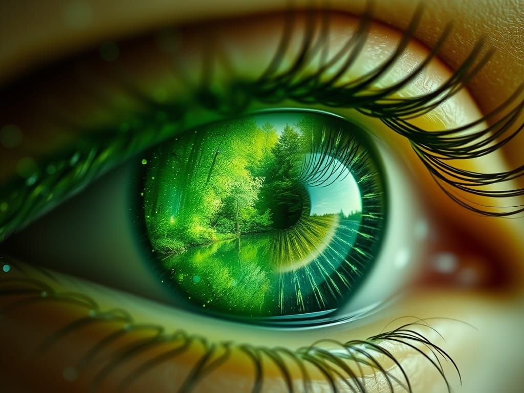 Surreal Green Eye Captures Glowing Forest Landscape