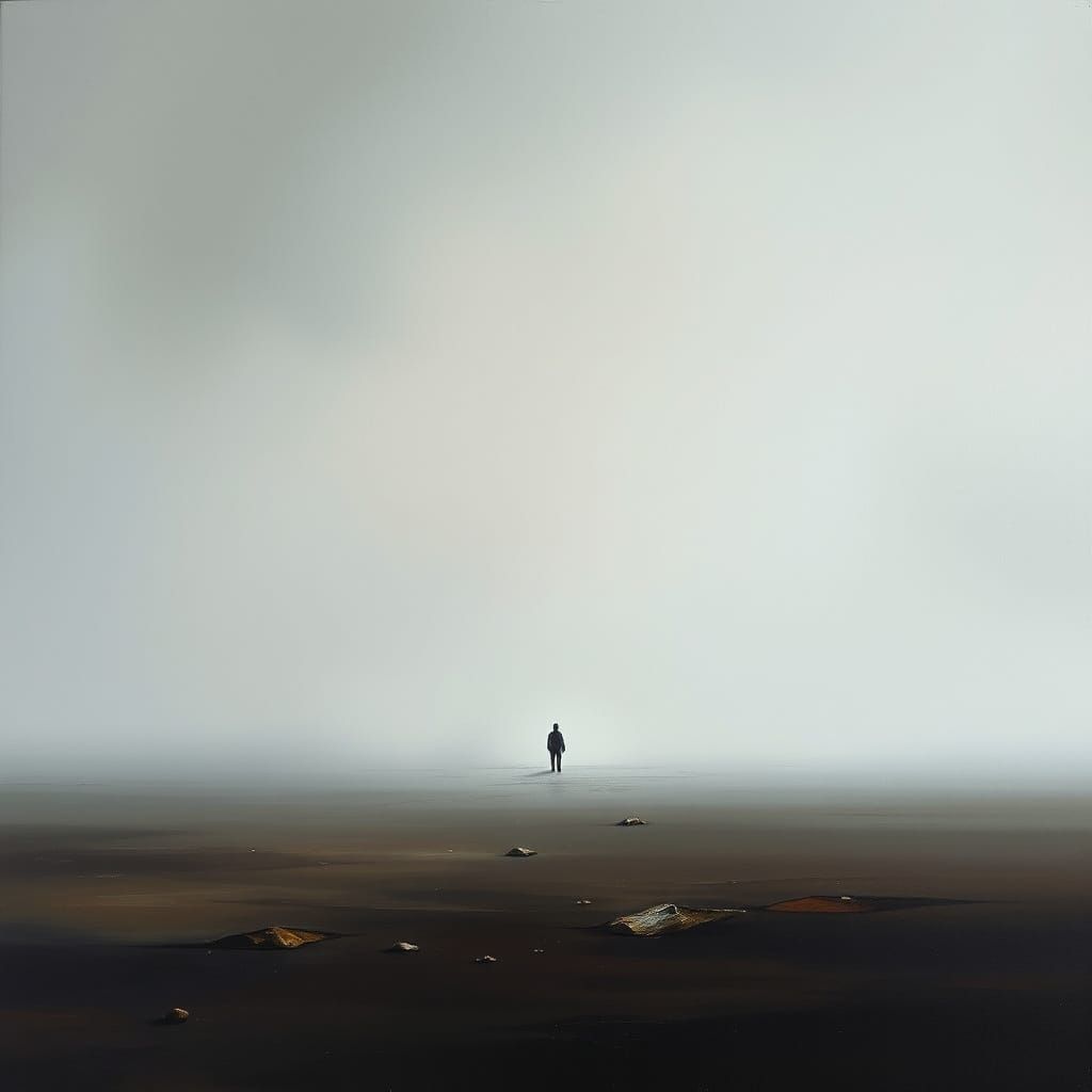 A Lonely Figure in a Desolate, Grey Landscape