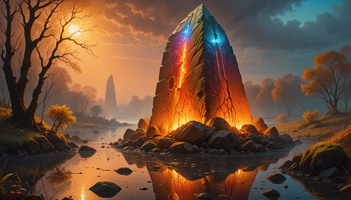 Submerged Menhir in Ethereal River: Beksiński Style