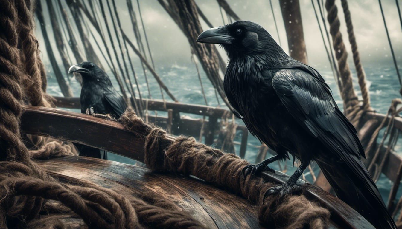 Crow in Ship's Nest on Rough Sea