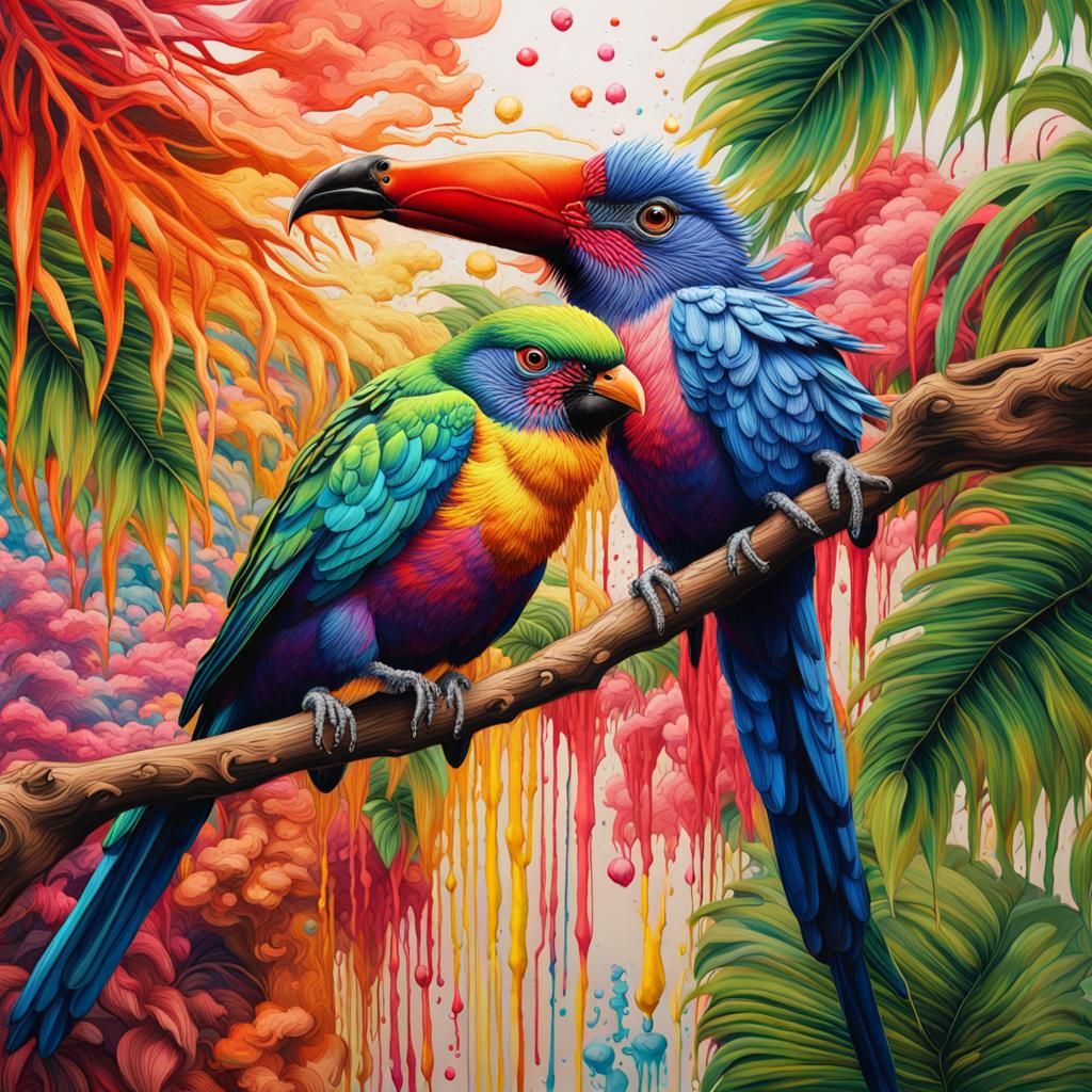 Beautiful tropical birds embroidery, Hyperrealistic, splash ...