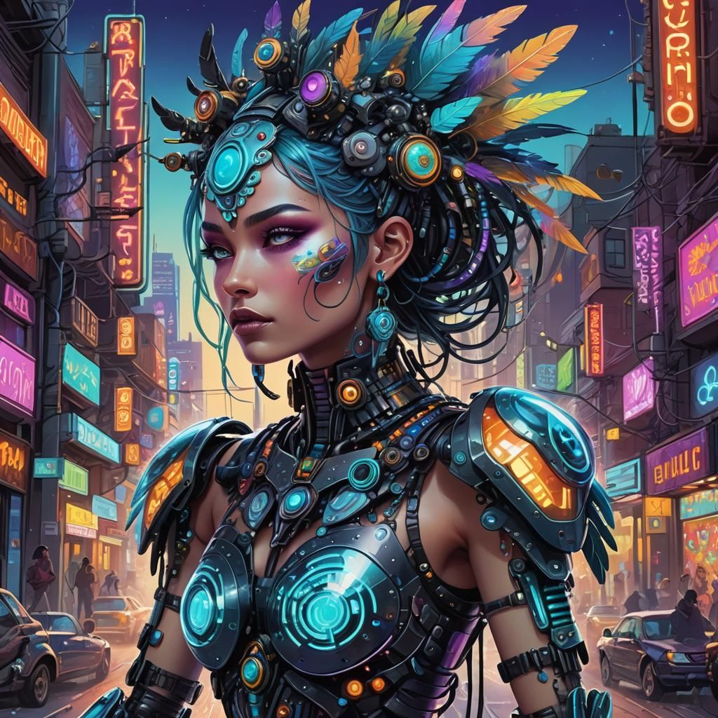 Aztec Robot Girl with Iridescent Feathers in Dark Futurism
