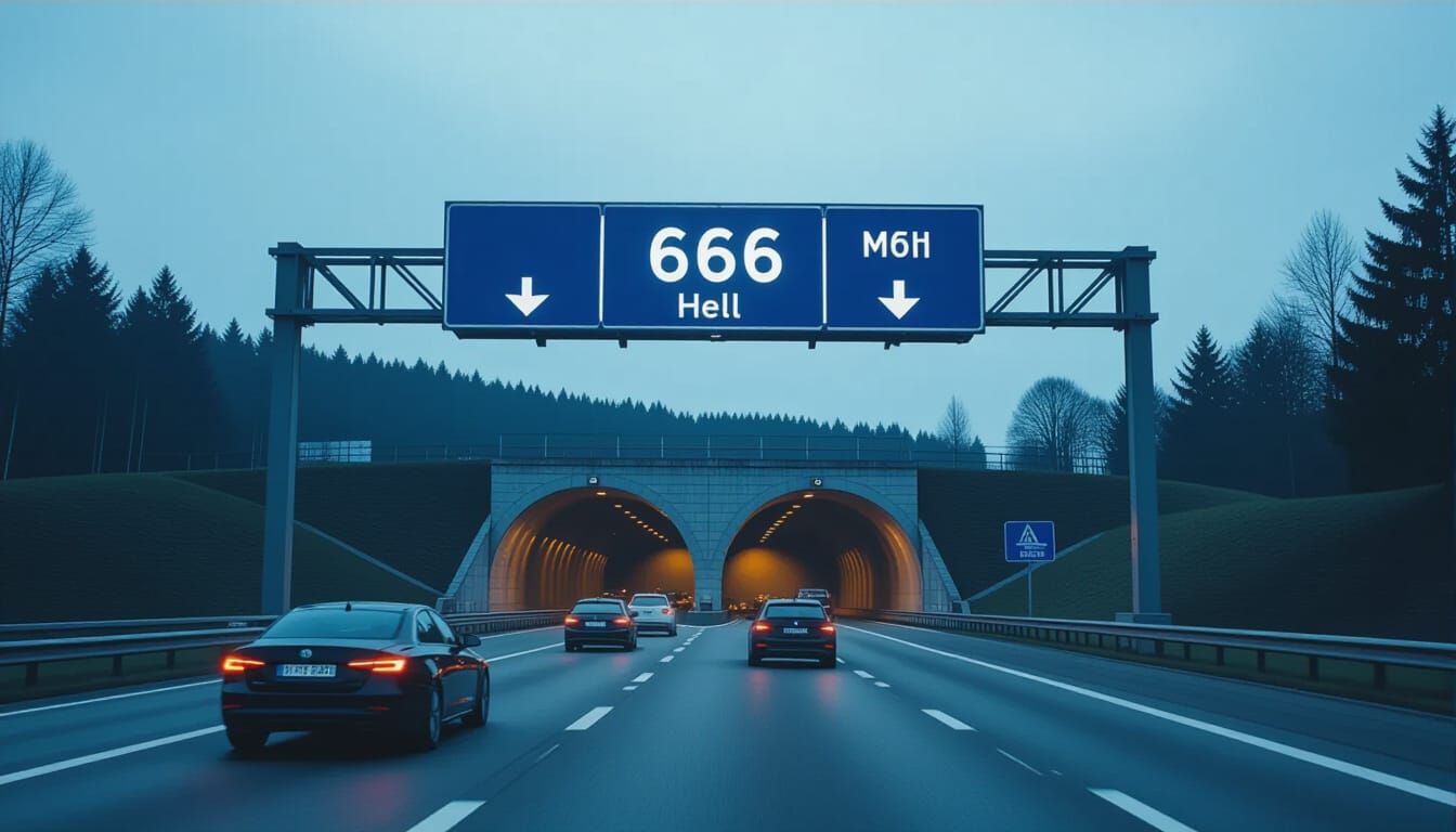 German Autobahn at Night: Tunnel Entrance with Signage