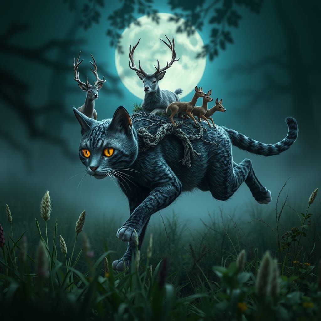 Eerie Vines: Cat and Deer in Moonlit Meadow