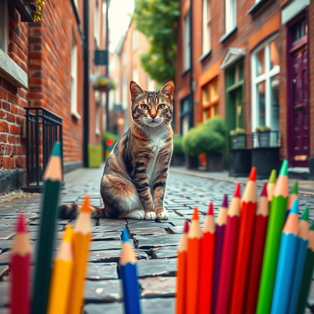 Cat in Red Brick Lane, Colored Pencil Art