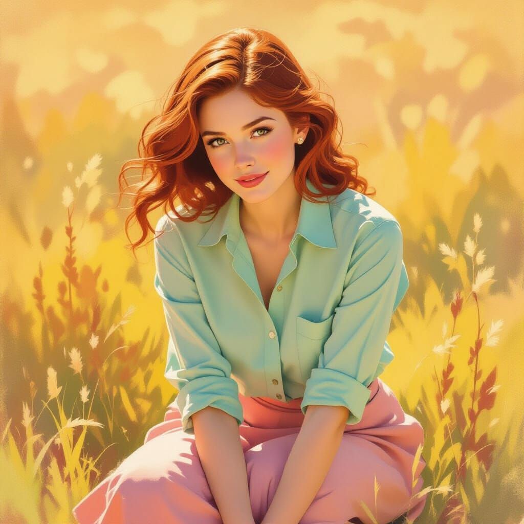 Golden Hour Serenity: Woman in Mint and Pink
