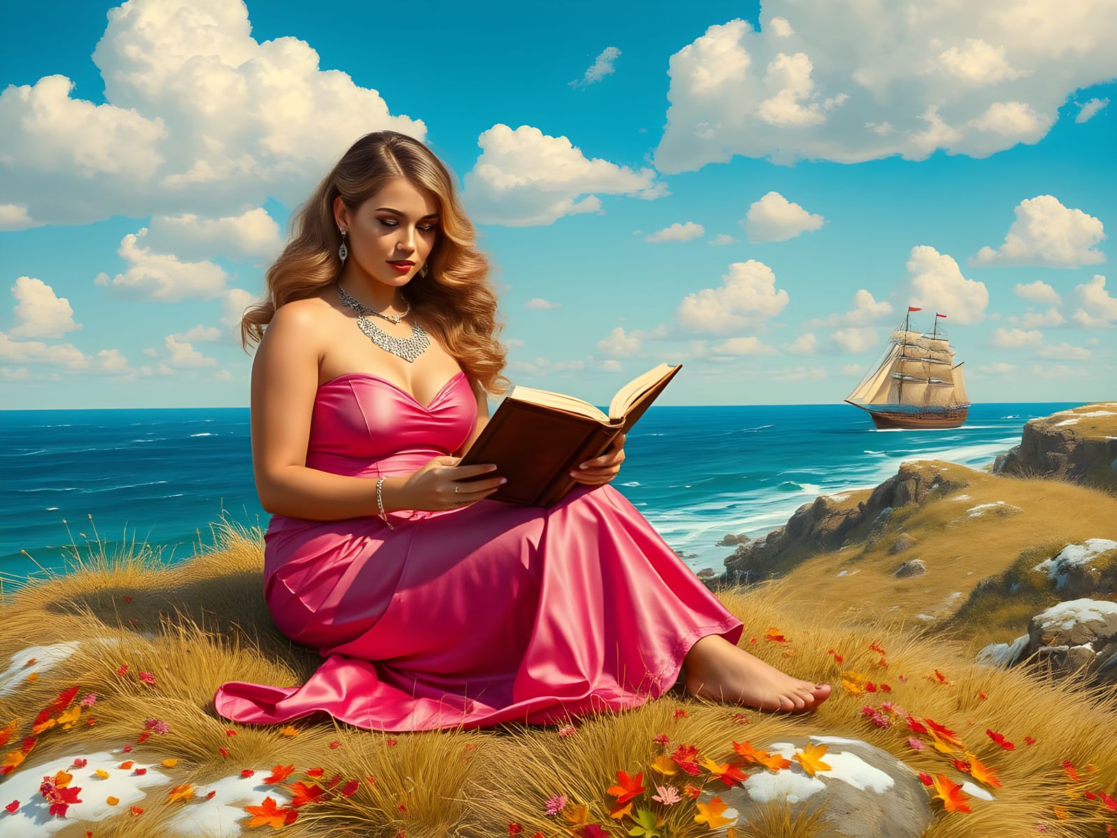 Elegant Babylonian Princess Reading Under a Turquoise Sky