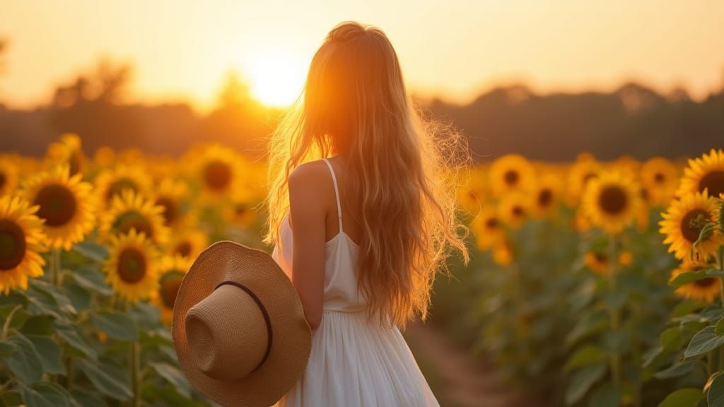 Golden Haired Woman in Sunflower Field: Impressionism