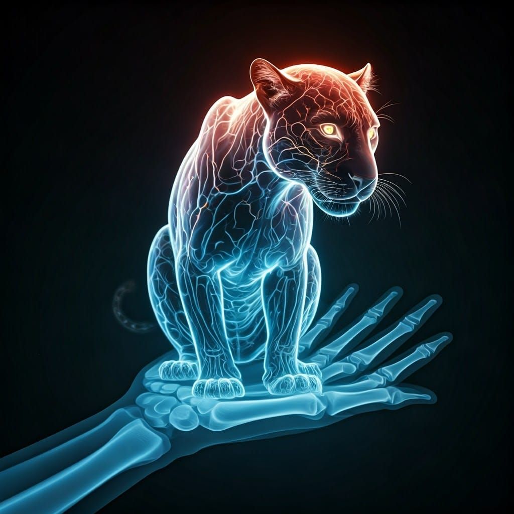 Intricate Digital X-ray of a Panther in Neon Hues