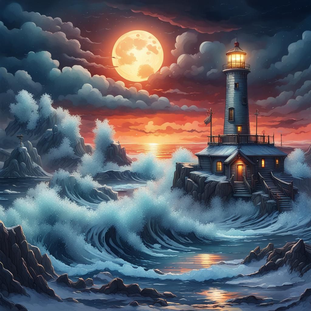 Winter Seascape Lighthouse in Vibrant Watercolor