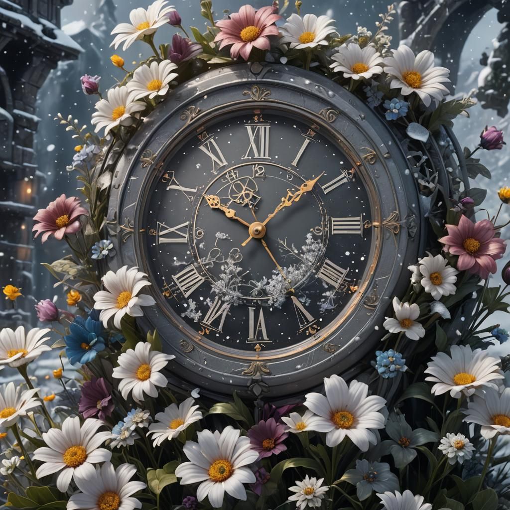 Fantastical Snow Fairy with Clock and Flowers