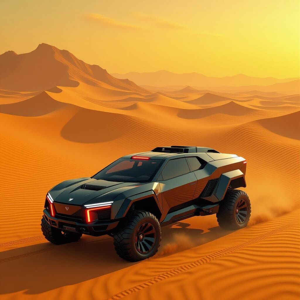 Cyberpunk Vehicles Traverse Amber Desert Landscape