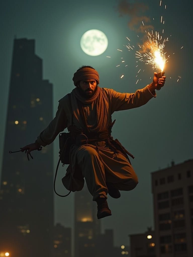 Taliban Warrior in Intense Swing, Silhouetted Against Moonli...