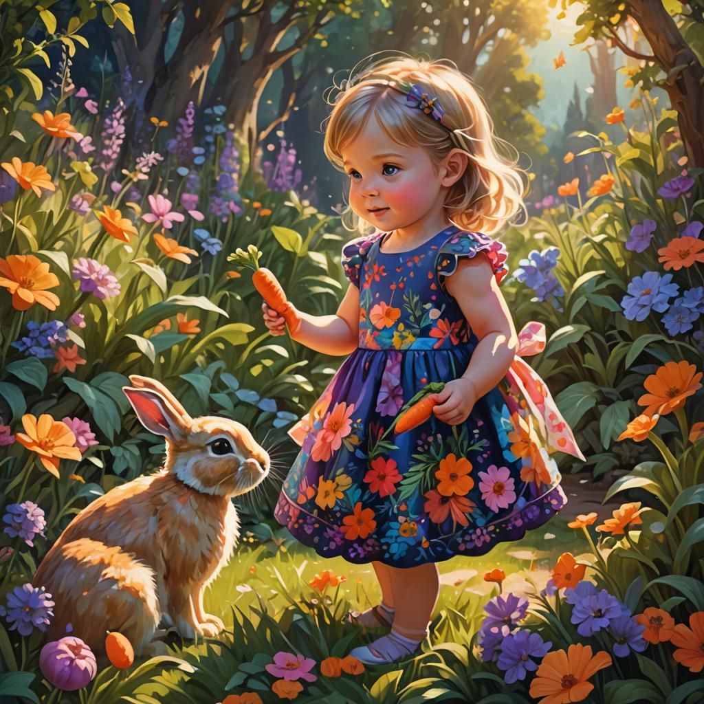 Toddler and Bunny in Sunlit Garden: Fantasy Art