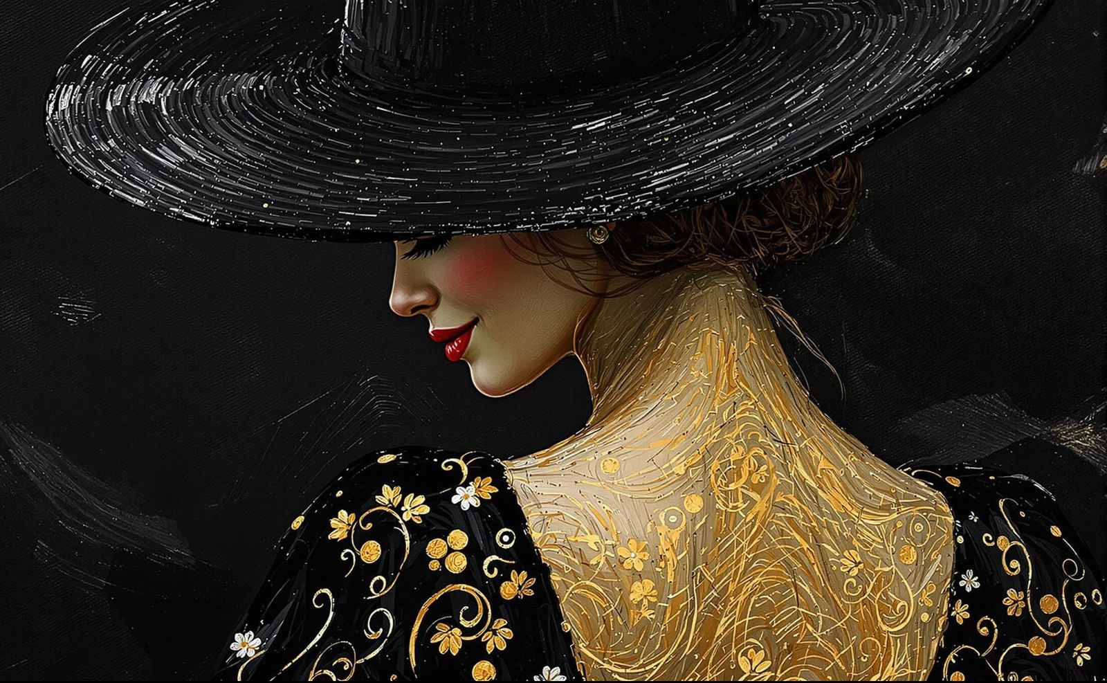 Woman in Black Hat with Golden Patterns, Impasto Style