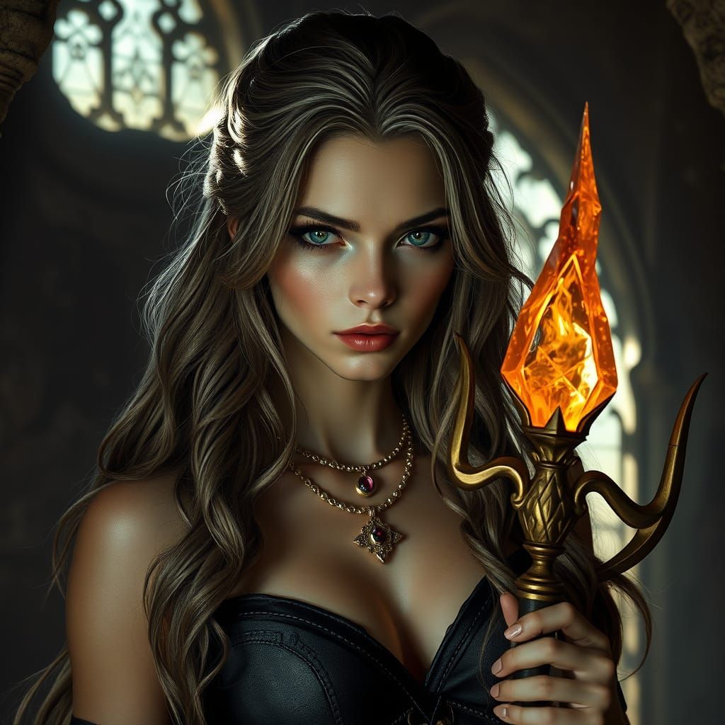 Seductive Devil Woman in Medieval Chamber with Gothic Window