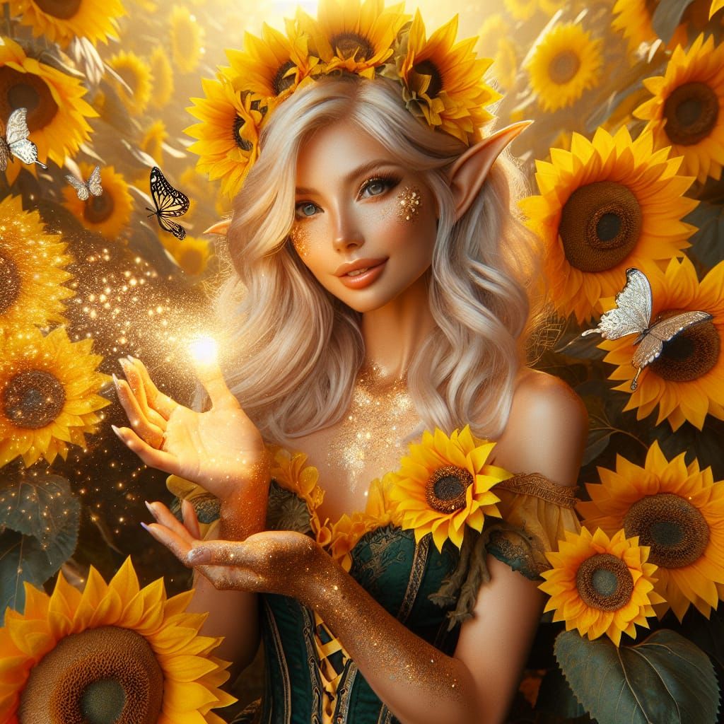 Sunflower Elf in a Fantasy Sunflower Garden