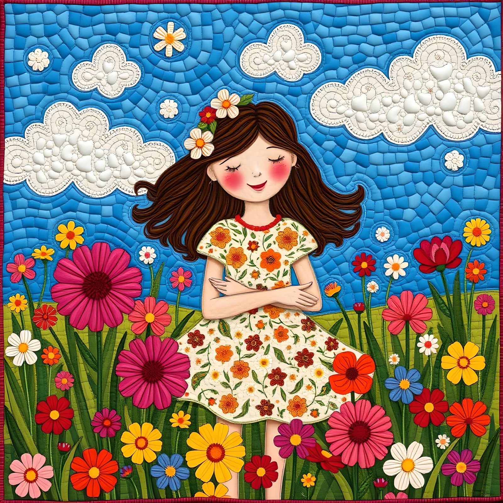 Girl on Flower Meadow as Patchwork Quilt Art