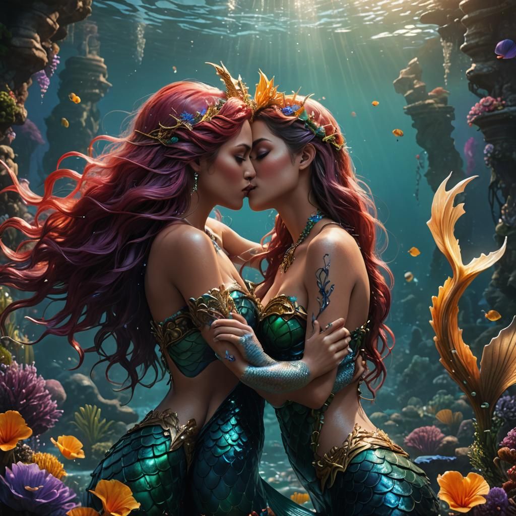 Lesbian Mermaids Kissing: Detailed Fantasy Art