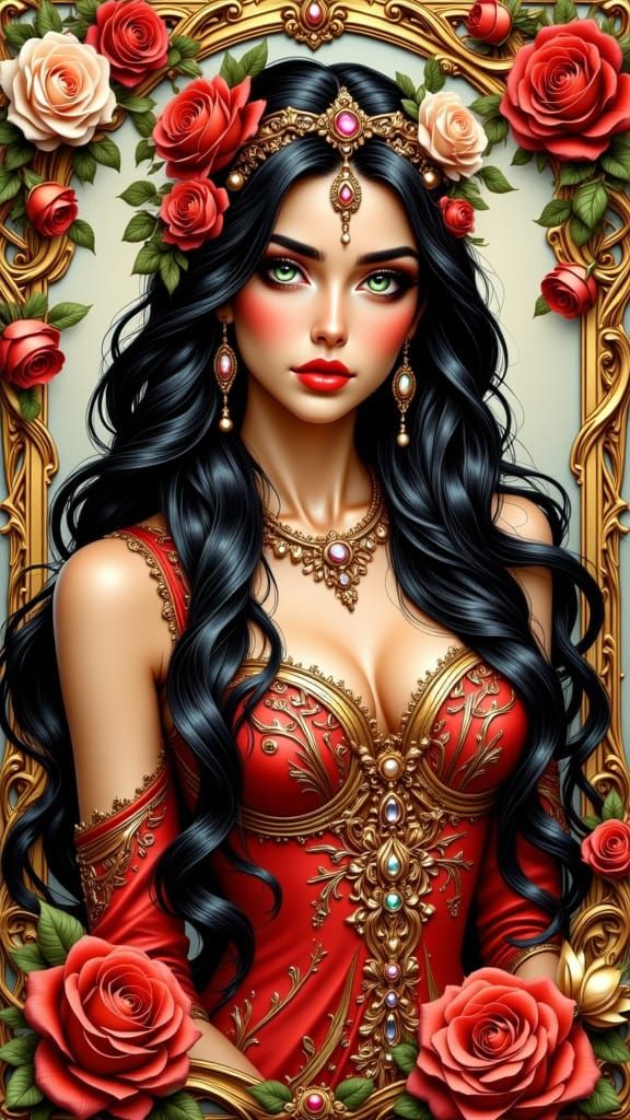 Elegant Woman in Ornate Gown with Roses and Crown