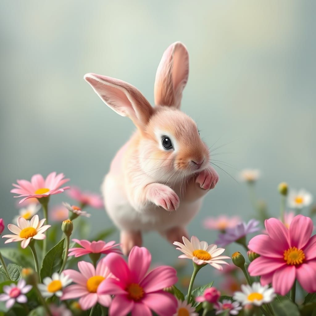 A Realistic Pink Bunny in a Vibrant Floral Setting