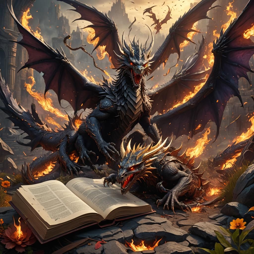 Fantastical Book Scene with Dragons and Phoenix