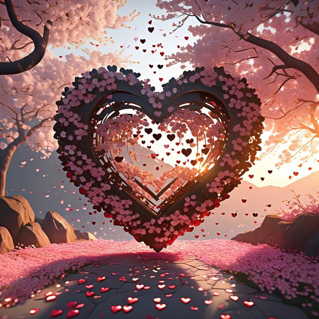 Glowing Hearts Amidst Cherry Blossoms in 3D Anime