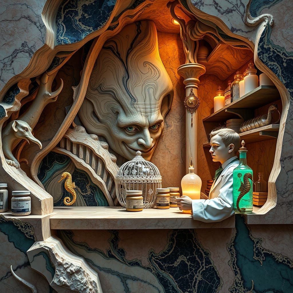 Surreal Marble Grotto Apothecary with Fossilized Details
