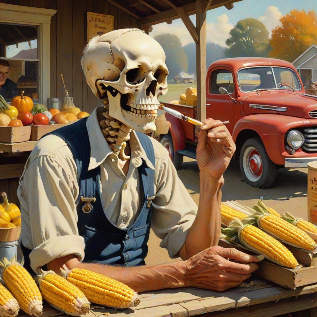 Skeleton Smokes Pipe at Rustic Produce Stand in Norman Rockw...