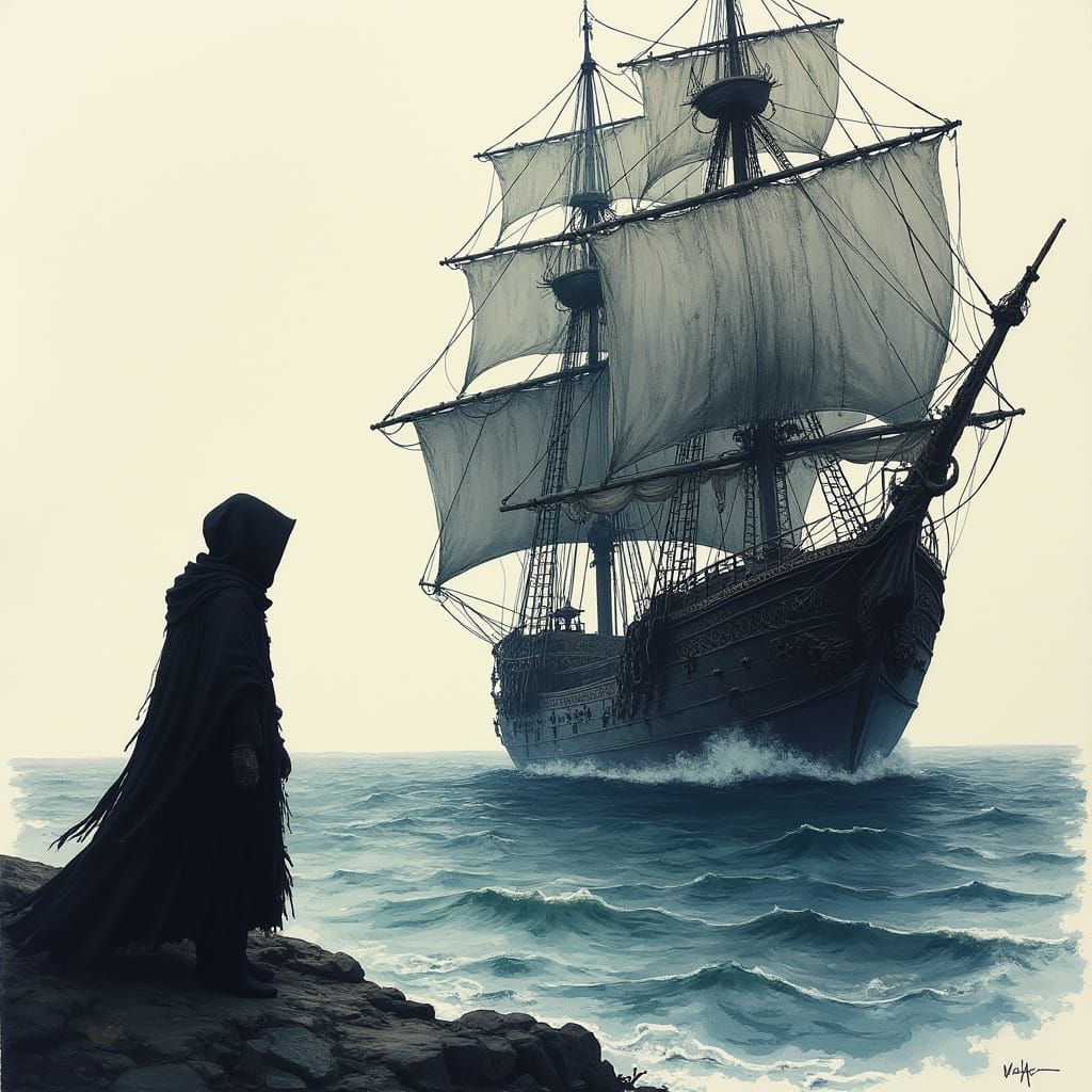 Mystical Ink Ship on an Inky Sea