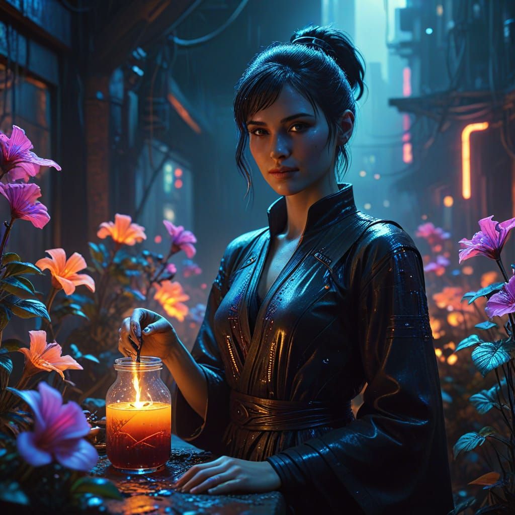 Smiling Witch Brews Potion Amidst Neon Flowers