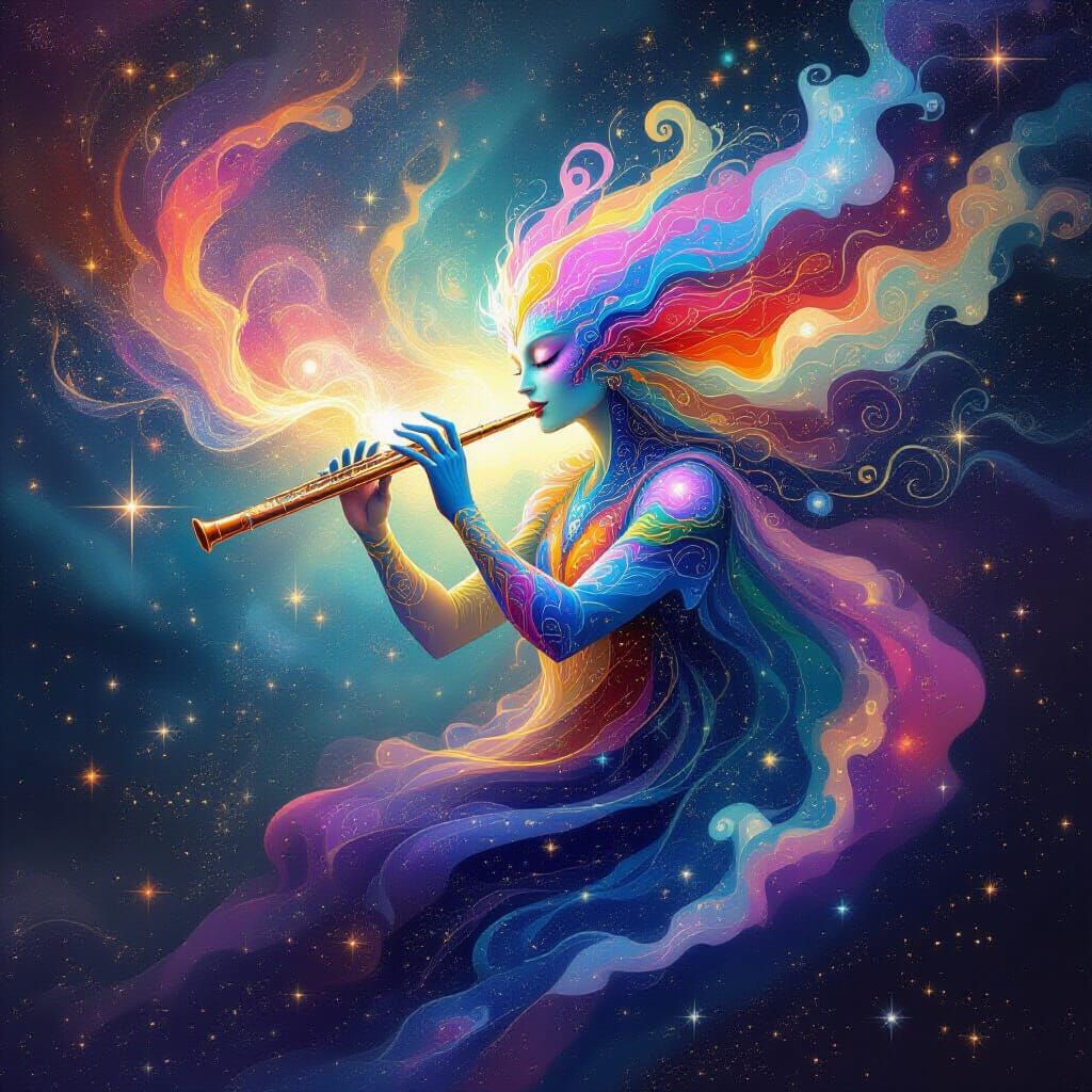 Cosmic Stardust Creature Plays Flute in Surreal Void