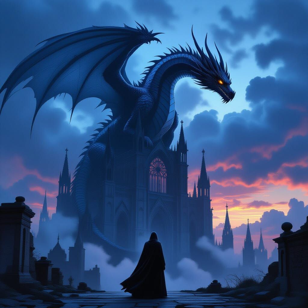 Glass Dragon Perched Atop Ruined Gothic Cathedral