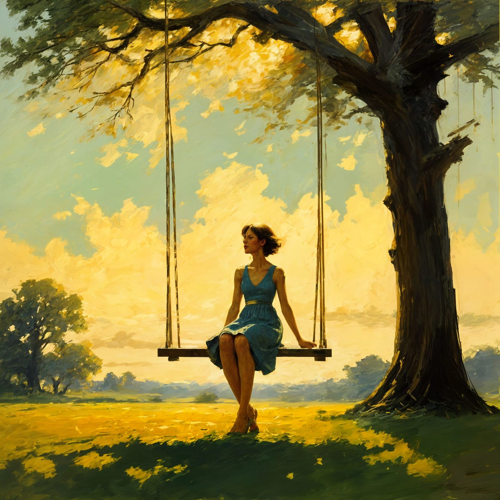 Woman Swings Under Ancient Oak in Warm Afternoon Light