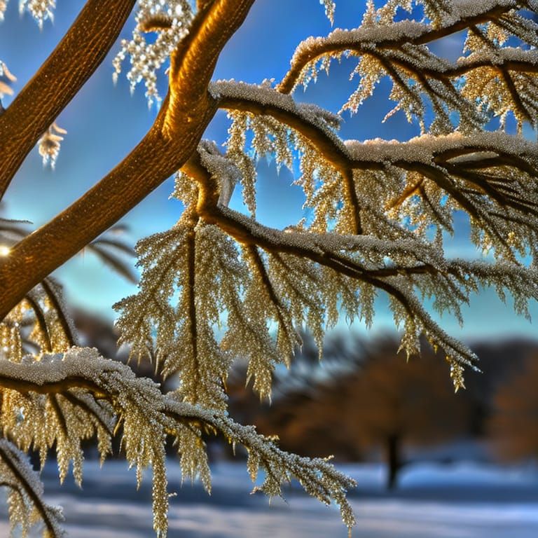Frozen Tree Thawing in Golden Hour Light