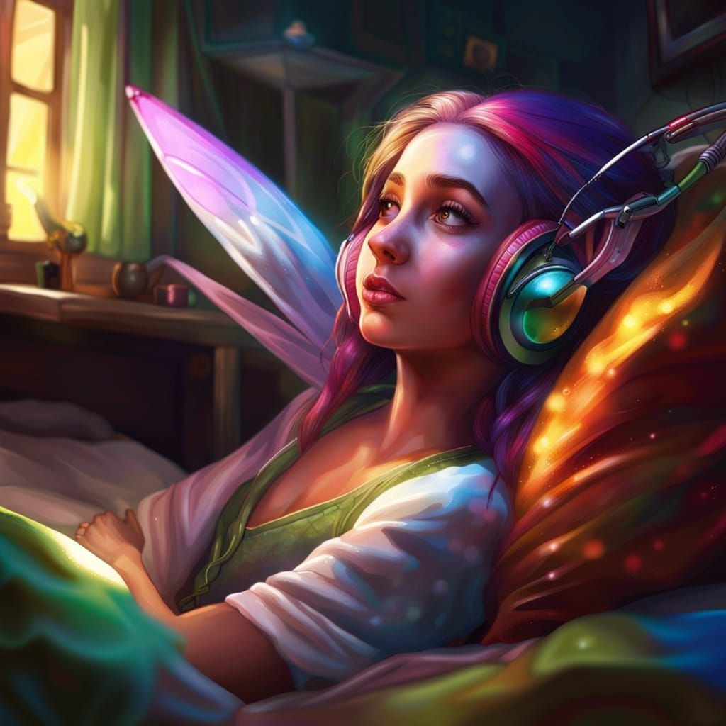 Fairy Elf Listens to Music: Hyperrealistic Digital Art