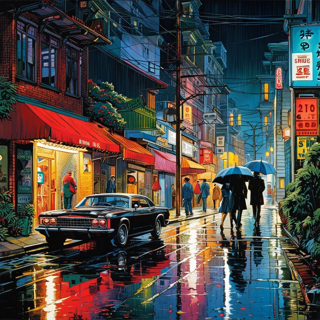 Colourful Rainy Night Street Scene: Hyperrealistic Splash Ar...