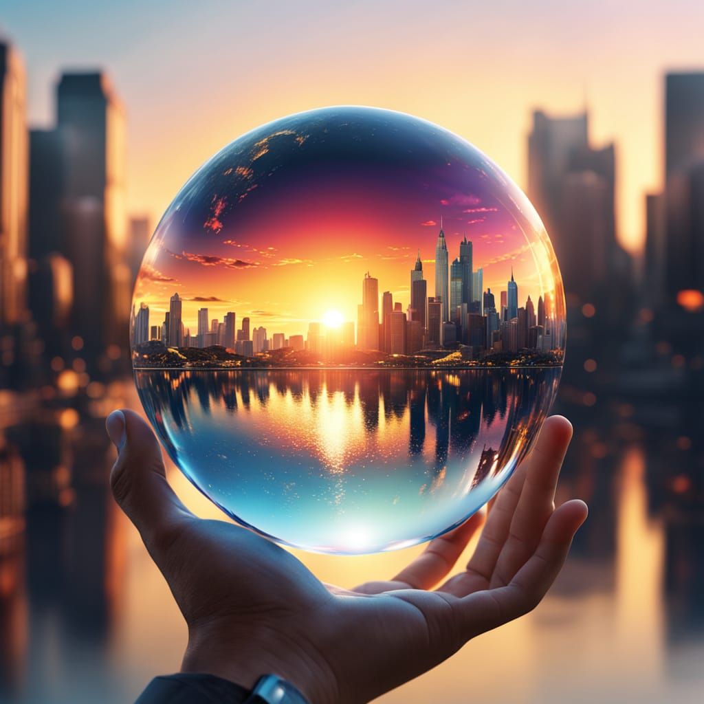 Sunset Sphere Held in Hand: Hyper-Realistic Digital Art