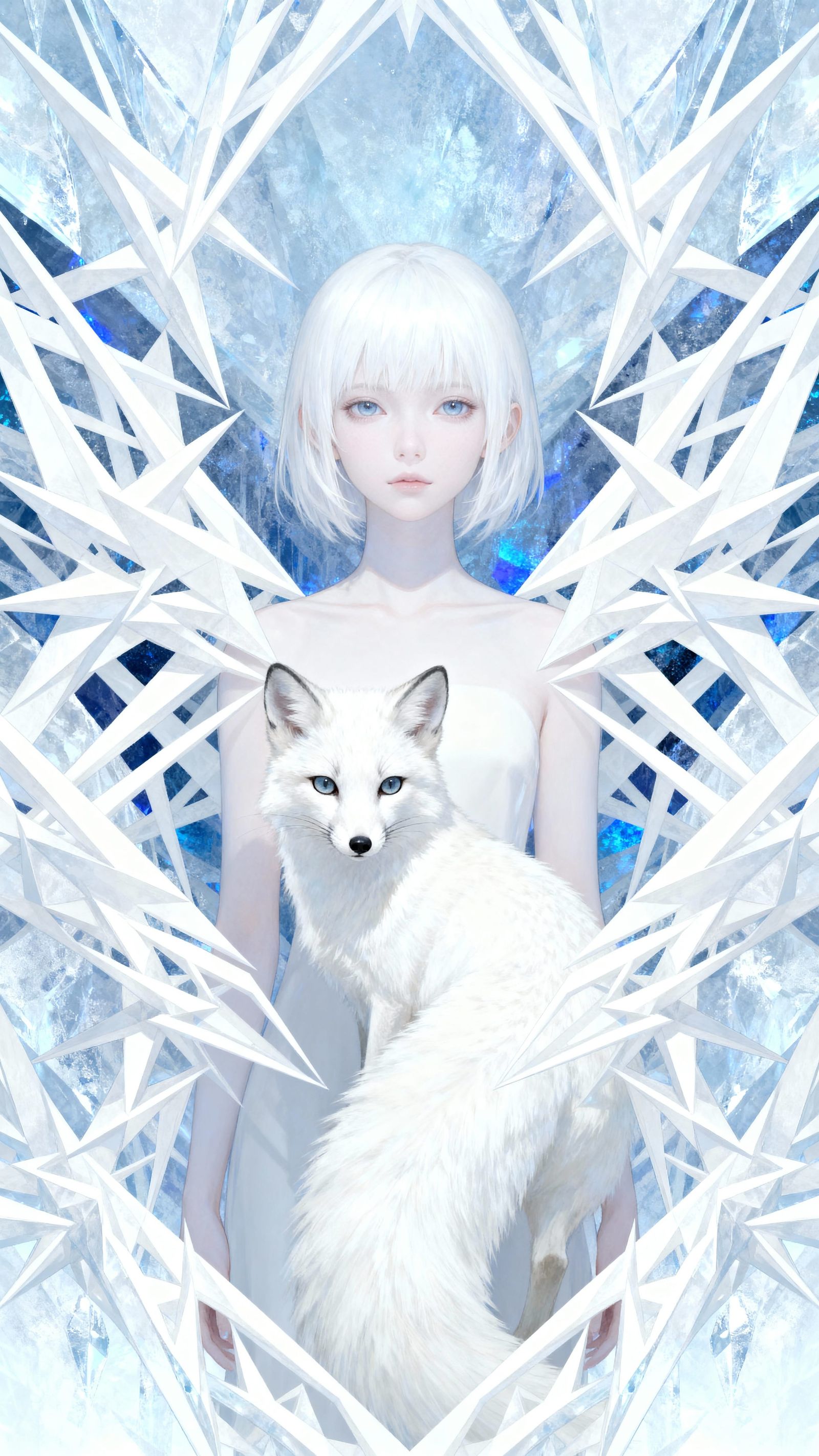 Girl with White Fox in Symmetrical Icy Landscape