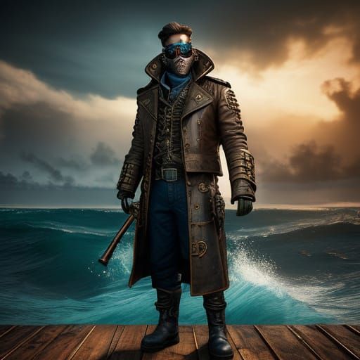 Steampunk Captain Searches for Steamer in Ocean