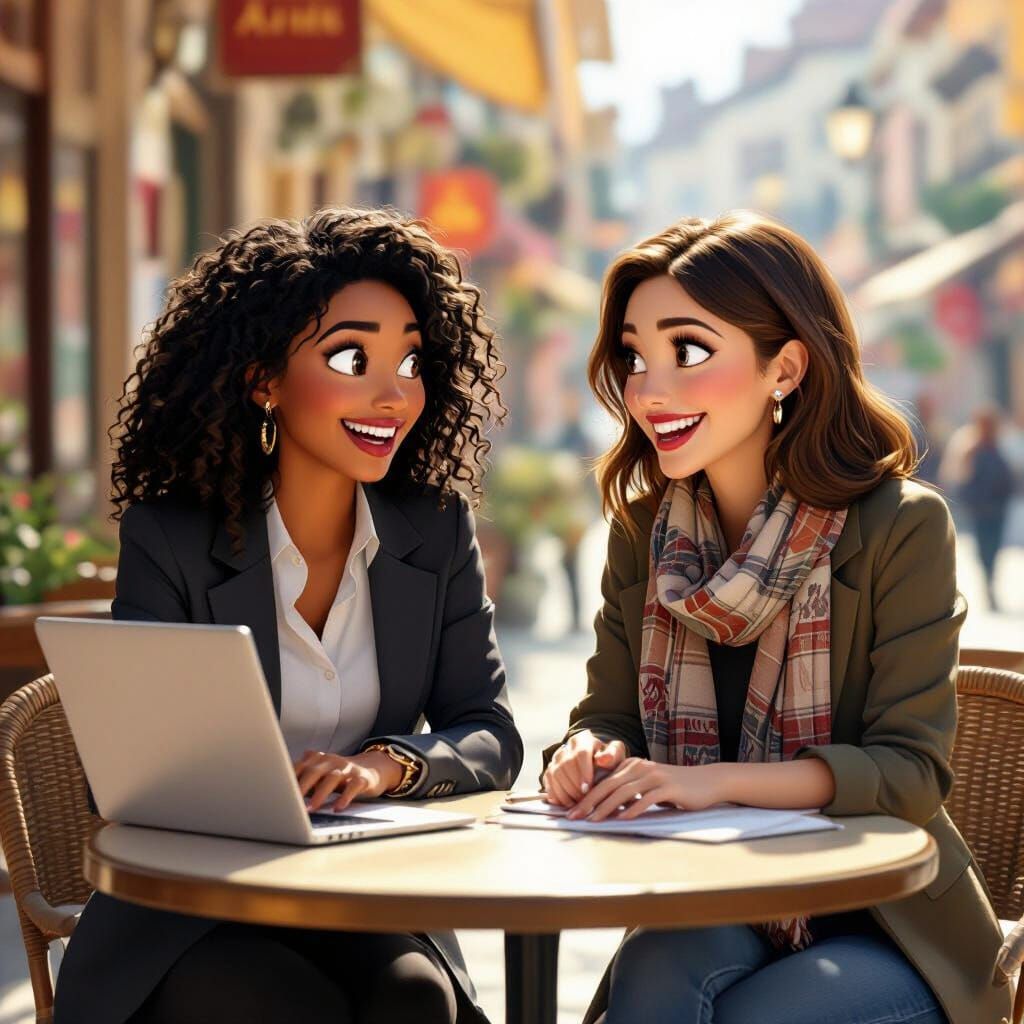 Pixar Style Women Chatting at Outdoor Cafe