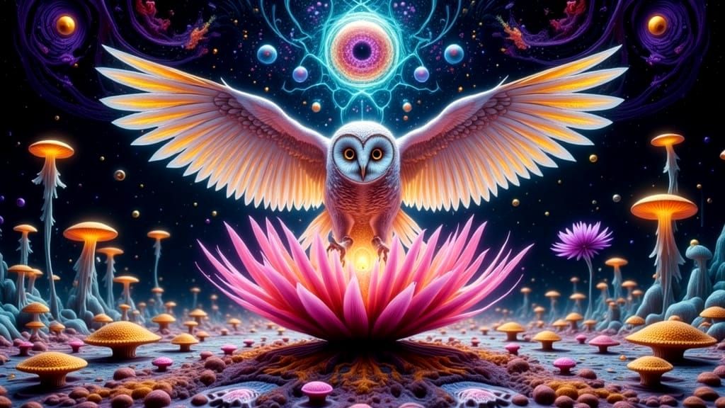 Fractal Lotus with Third-Eye Owl in Psychedelic Style