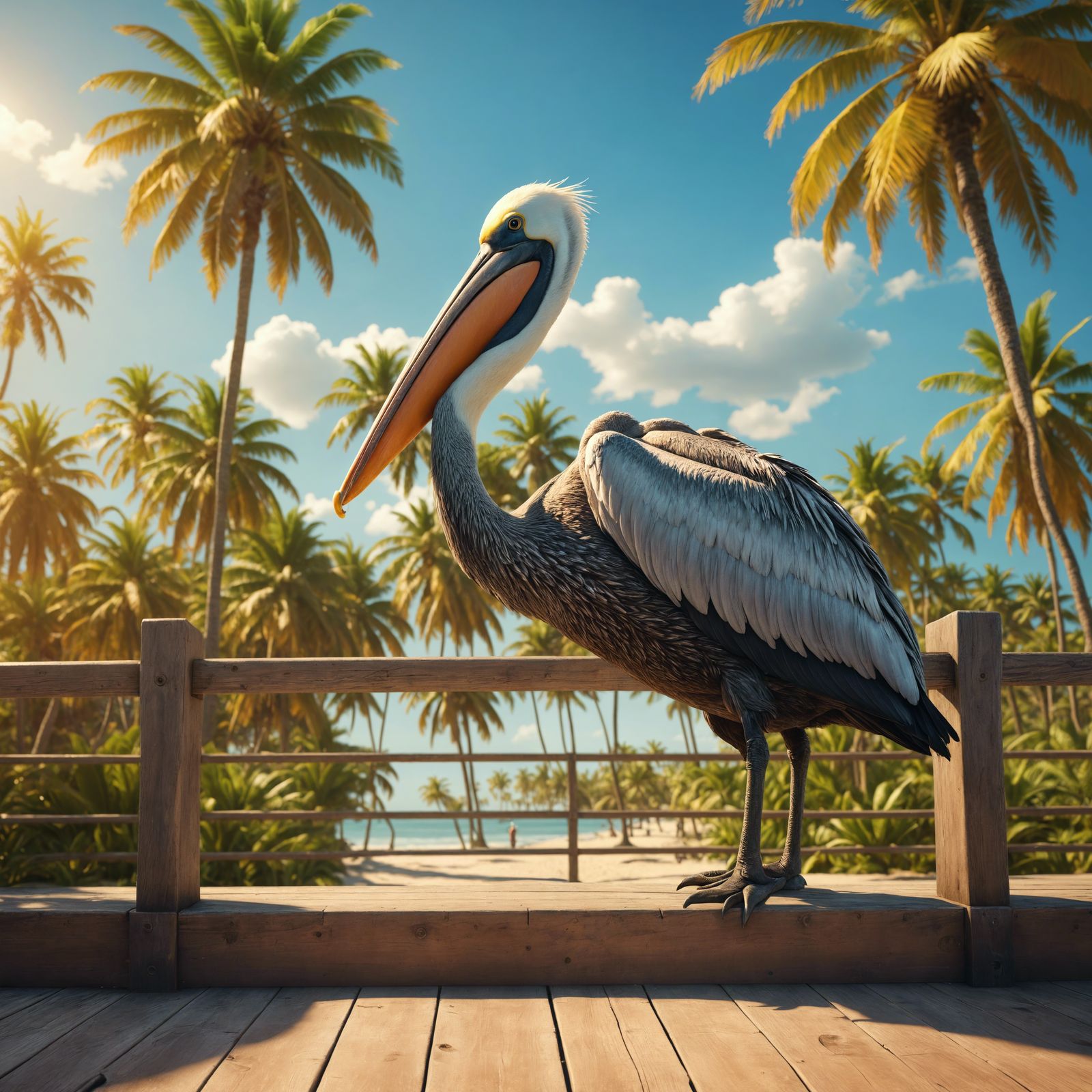 Pelican on Beach Boardwalk: Detailed Matte Painting