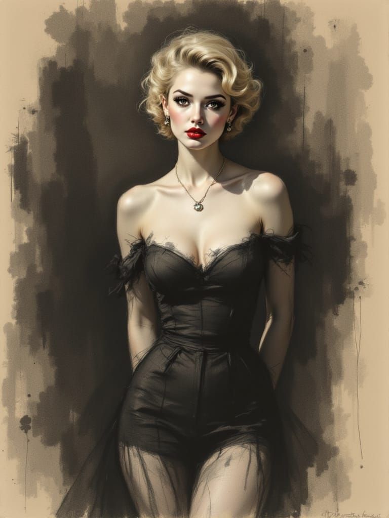 1950s Pin-Up Charcoal Sketch in Tonalism Style