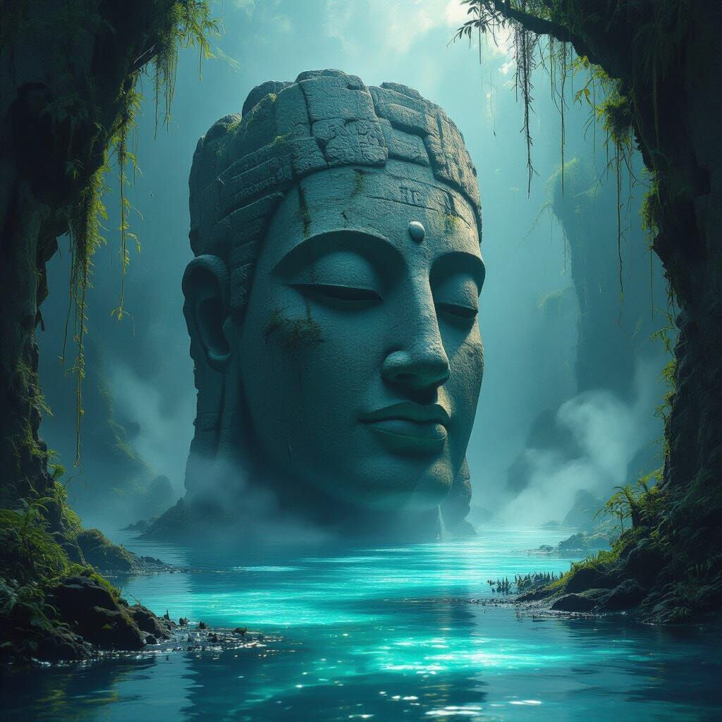 Colossal Ancient Statue in Bioluminescent Swamp