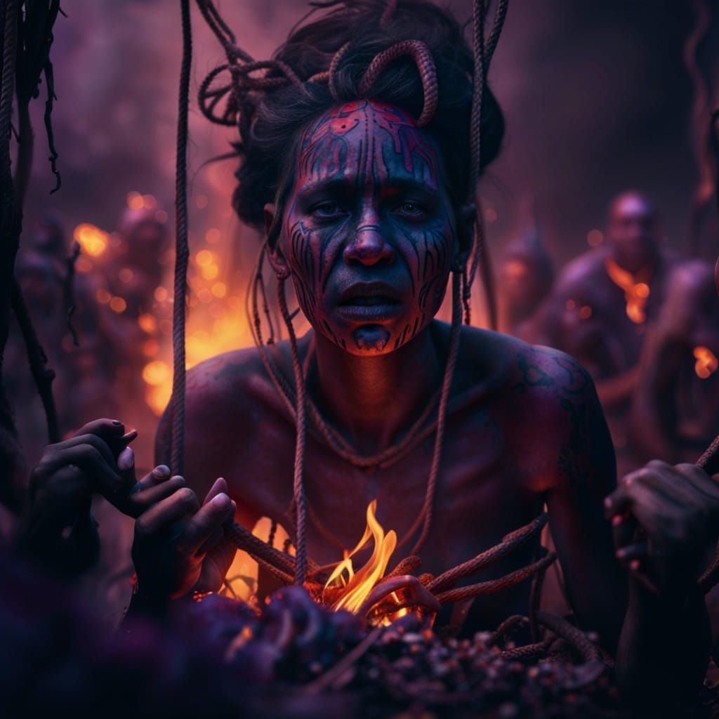 Cannibal Tribe Roasting People in a Violet Field