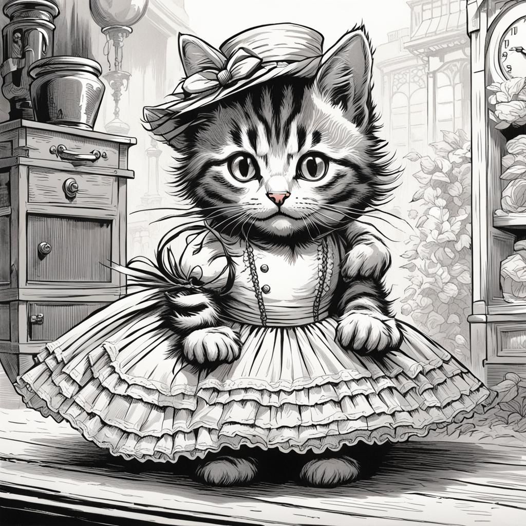 Victorian Kitten in Crinoline: Tenniel-Style Drawing