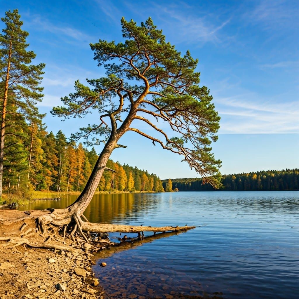 Majestic Pine Tree on Lake in Bierstadt Style