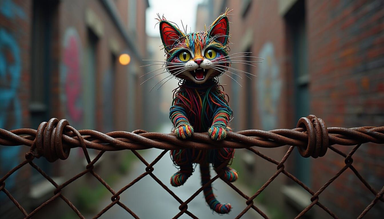 Chaotic Wire Cat on Rusted Fence: Surreal Mixed Media